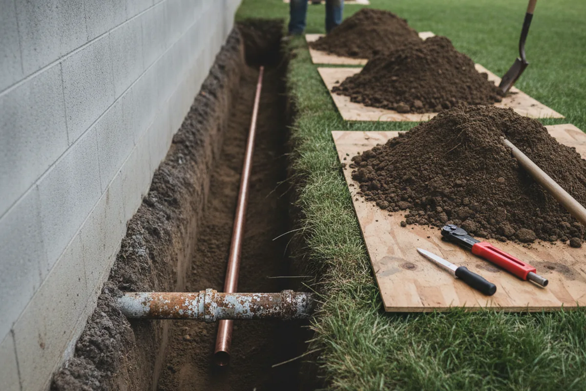 Excavated water line trench during Sewer Line Repair in Fairborn